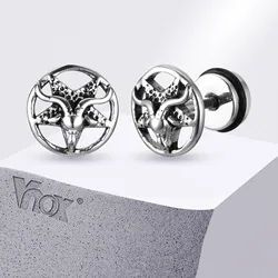 Vnox Gothic Devil Satanic Goat Satan Stud Earrings for Men Boys, Vintage Stainless Steel Star Demon Baphomet Earrings Jewelry