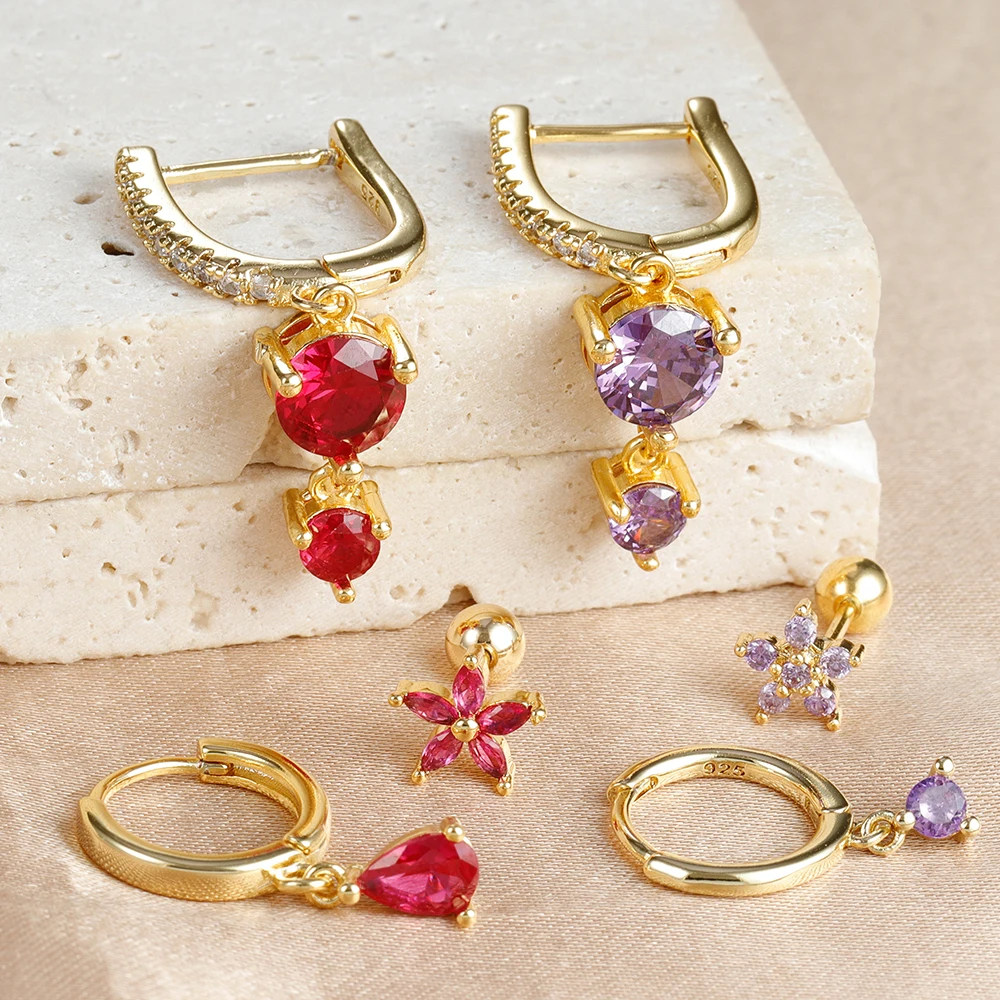 3PCS Luxury 6 Styles Colorful Zircon Flower Pendant Earrings Set for Women 18K Gold Plated Huggie Earring Party Wedding Jewelry