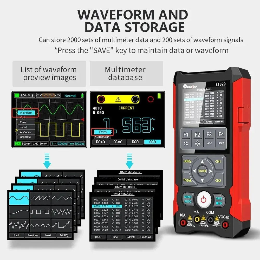 TOOLTOP ET829 2 Channel 250MSa/s 80MHz Digital Storage Osclloscope Multimeter Signal Generator 3 in 1 Multifunction Oscilloscope