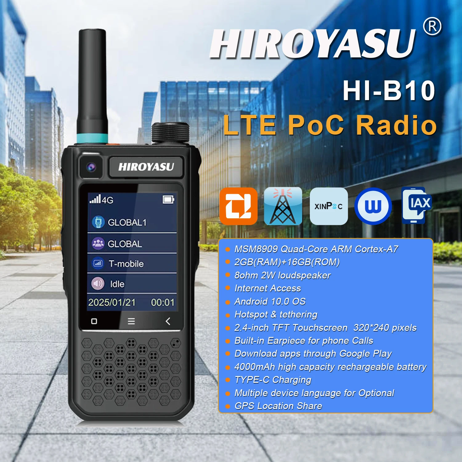 

Радиостанция HIROYASU LTE PoC для видеозвонков HI-B10 Zello Walkie Talkie с 2 ГБ ОЗУ, 16 ГБ ПЗУ, Android 10.0, функцией точки доступа и тейтеринга, сенсорный экран
