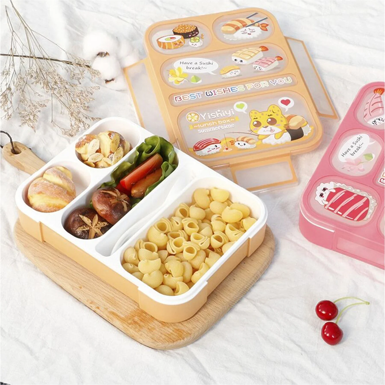 Portable Leak-Proof Wooden Lunch Box With Tableware Japanese Style Kawaii Bento Box Microwave Safe For School Class Camping Meal