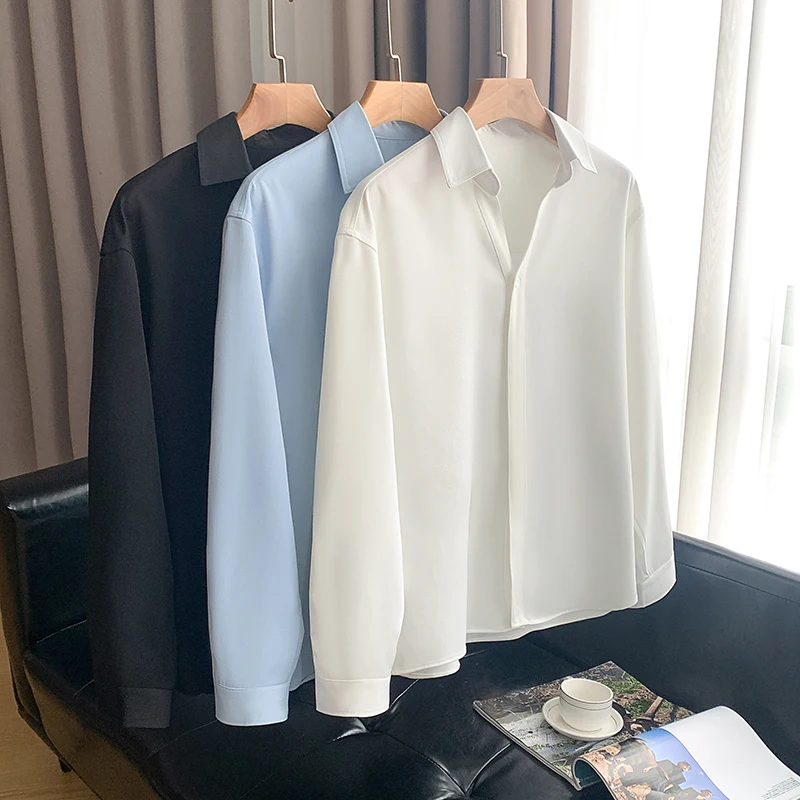 

2026 Весенняя мужская рубашка с v-образным вырезом и длинными рукавами, универсальные однотонные повседневные деловые рубашки, облегающая рубашка для социальной офисной формы