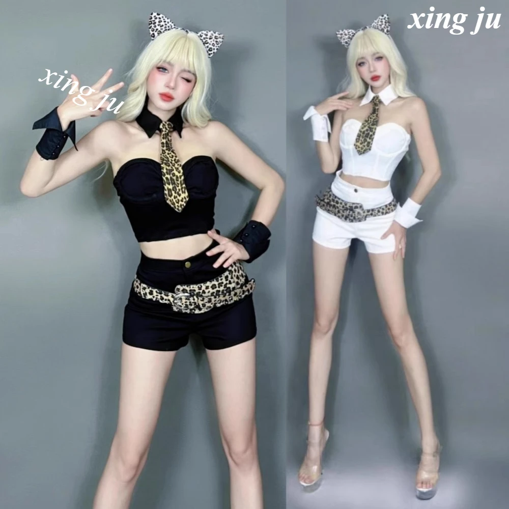 Women Singer Pole Dancing Costumes White Strapless Halter Tops Sexy Tight Shorts Female Nightclub Dj Dancer Wear Rave Clothes