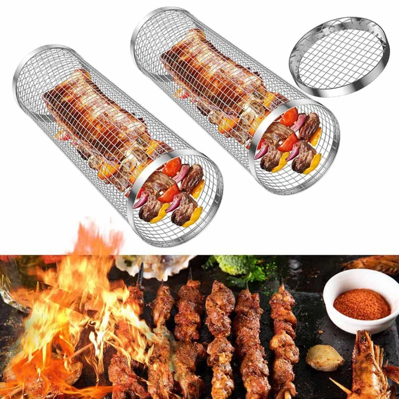 2Piece BBQ Grill Basket Rolling Grilling Basket Barbeque Grill Portable Grill Baskets A