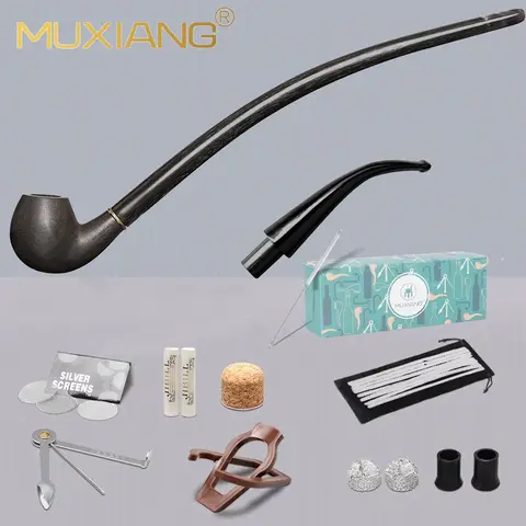 MUXIANG Long Stem Churchwarden Ebony Gandalf Pipe Sets with clean gift box 9mm replaceable short pipe mouth tobacco pipe Set