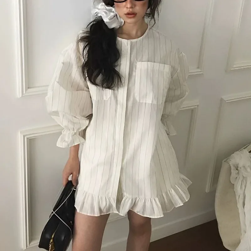 

2026 Women Striped Shirt Fashion Ruffle Loose Casual Single Breasted Shirt Dress Round Neck Patchwork Long Sleeve Blouses Top