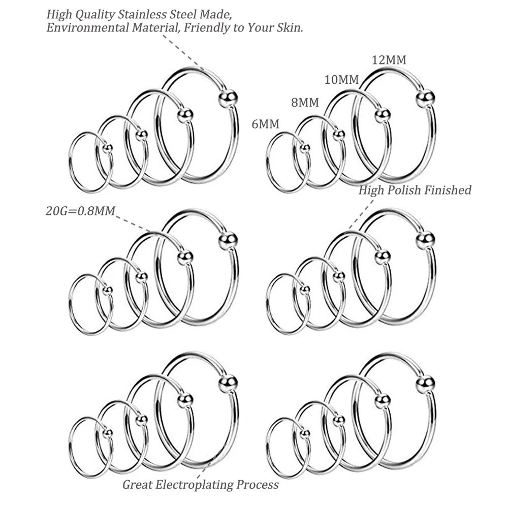 2PCS Surgical Steel Captive Bead Ring Ear Hoop Nose Ring Ear Tragus Cartilalge Piercing Nipple Ring Body Jewelry Earring 20g 16g