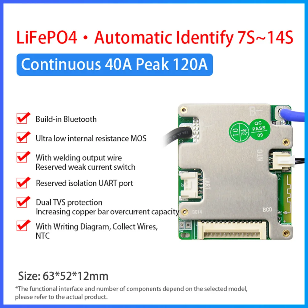 JiaBaiDa Automatische identificatie 7s-14s 7S 8S 9S 10S 11S 12S 13S 14S 20A 30A LFP NMC Smart BMS 24V 36V 48V Batterijbeheersysteem