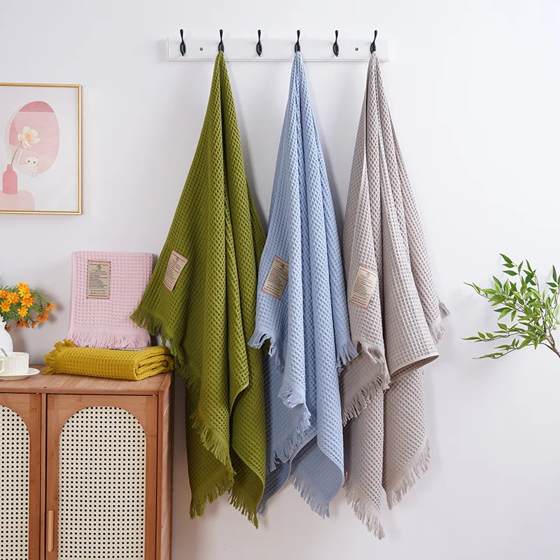 95x190cm 100% Cotton Big Bath Towel for Adults- Soft Highly Absorbent Green Waffle Towels - Home Bathroom Washcloth Collection