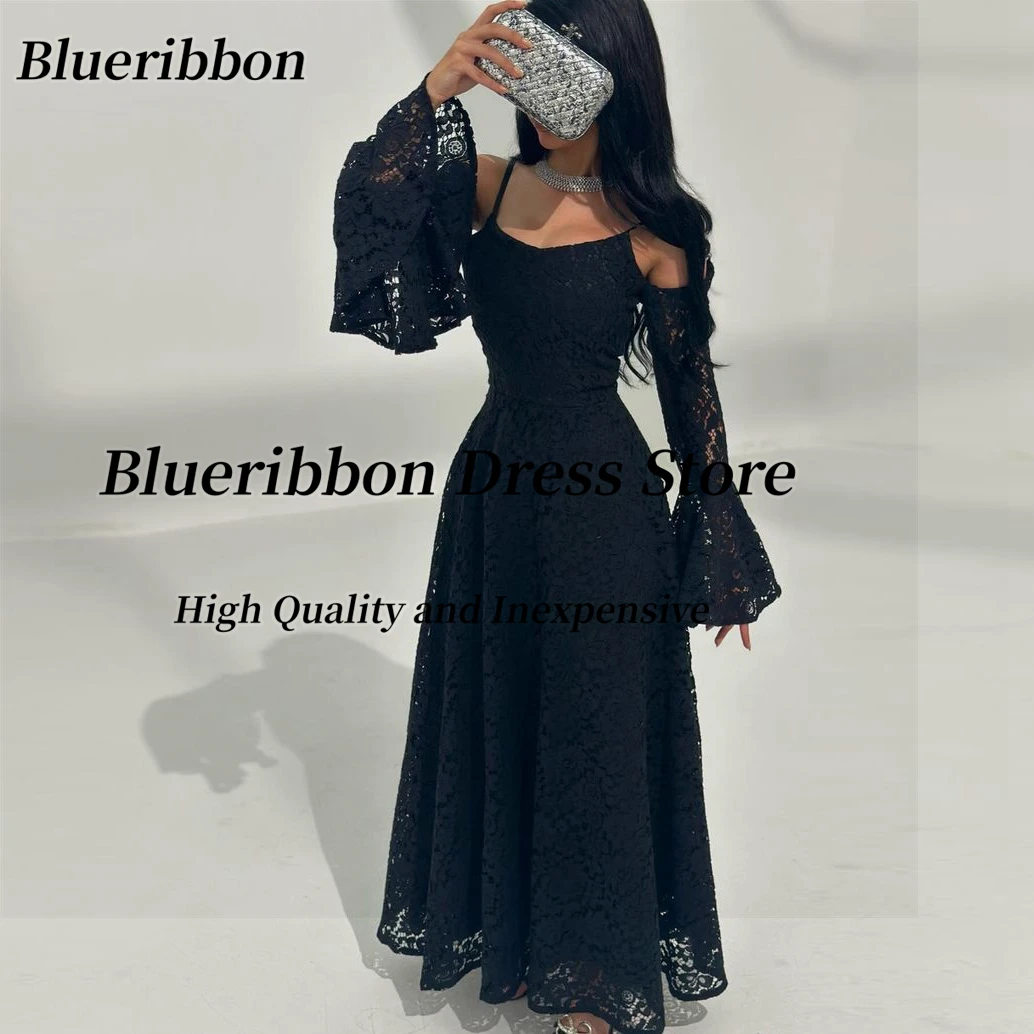 

Blueribbon Full Lace Prom Dresses 2024 Spaghetti Strapless Long Sleeves Evening Gowns Zipper Back Saudi Party Dress