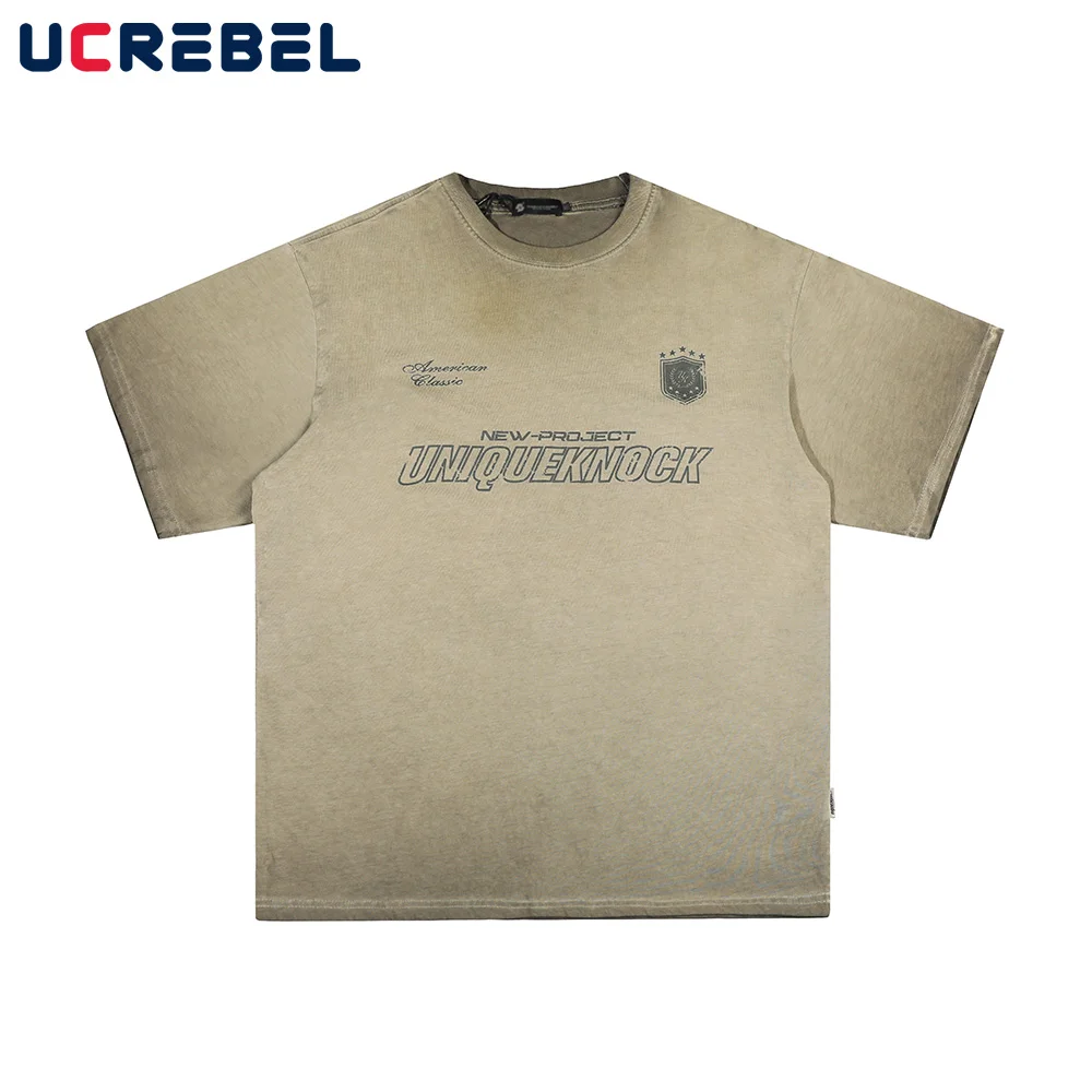

Letter Print Distressed Short Sleeve T-shirt Mens Vintage Streetwear Crew Neck Half-Sleeve Summer Loose Cotton Tee Men