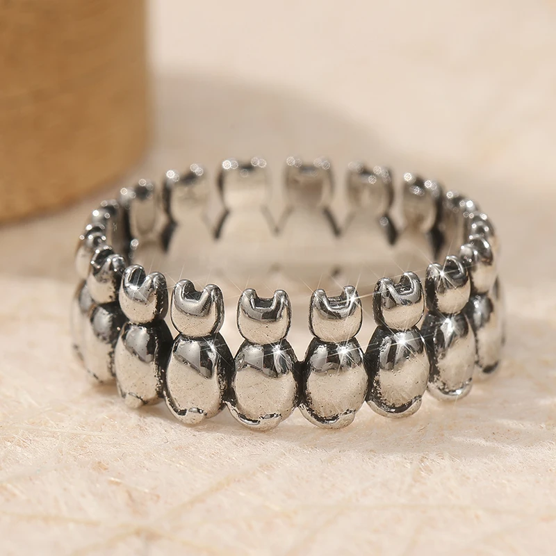 Vintage Silver Color A Group of Cats Women's Ring Round Daily Wear Party Jewelry