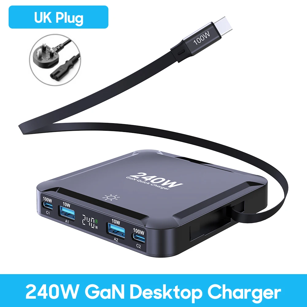 Ubigbuy 240W GaN-oplader Digitaal display Snel laadstation met 100W USB C intrekbare kabel voor iPhone 17 Samsung MacBook