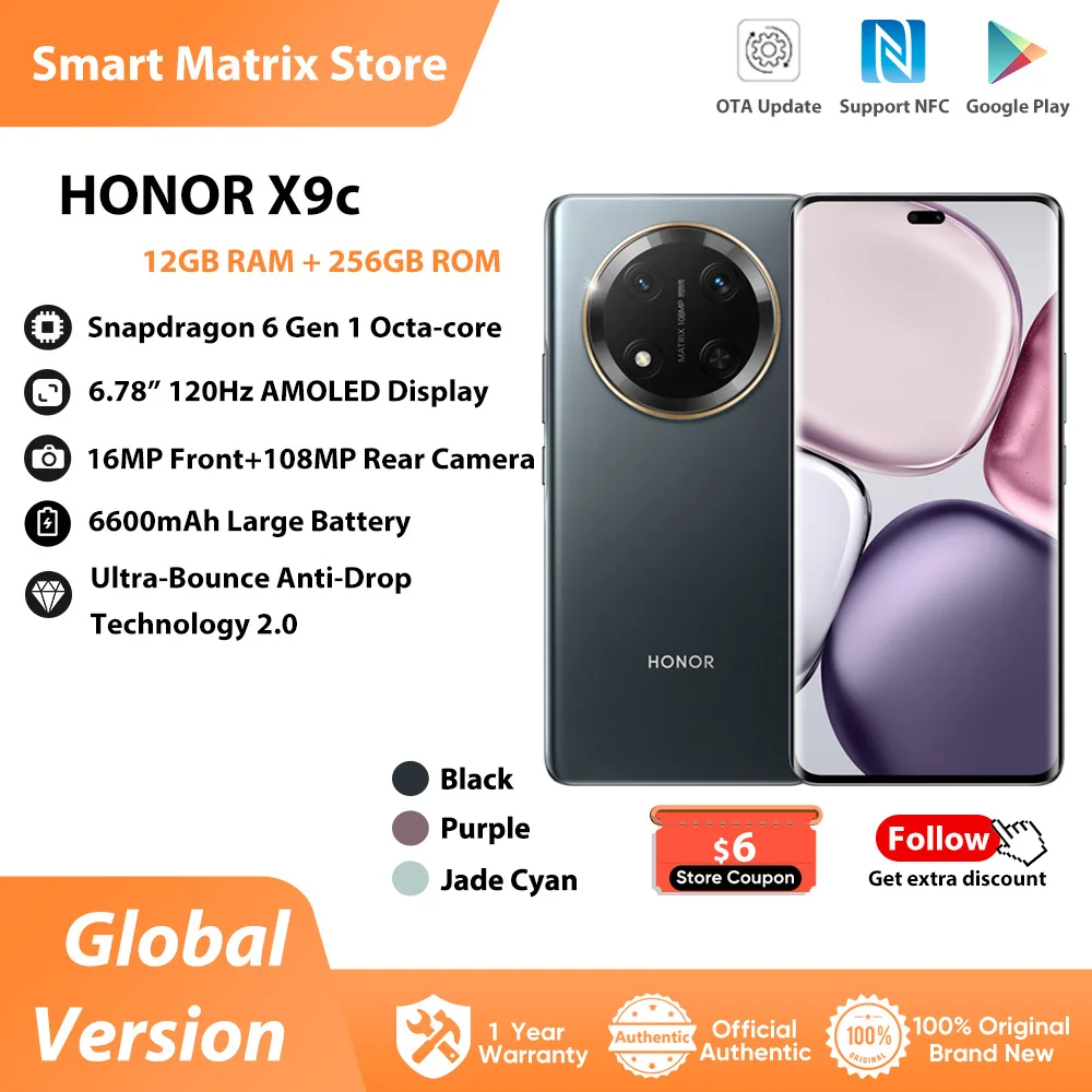 HONOR X9c Global Version 5G Smartphone 6.78" Anti-drop 120Hz Curved Screen 108MP Triple Cameras 6600mAh Battery Android14