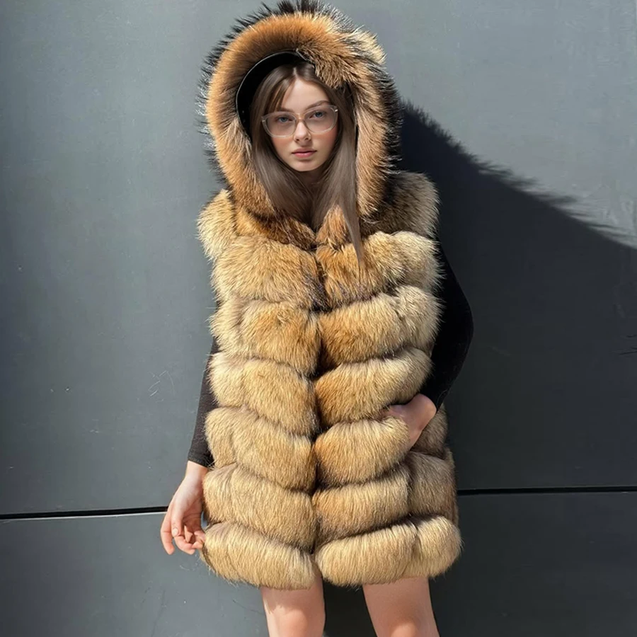 Dames wasbeerbont vest Echte wasbeerbontjas Natuurlijke bontvesten met capuchon Mode Nieuwkomers Echt bontvest