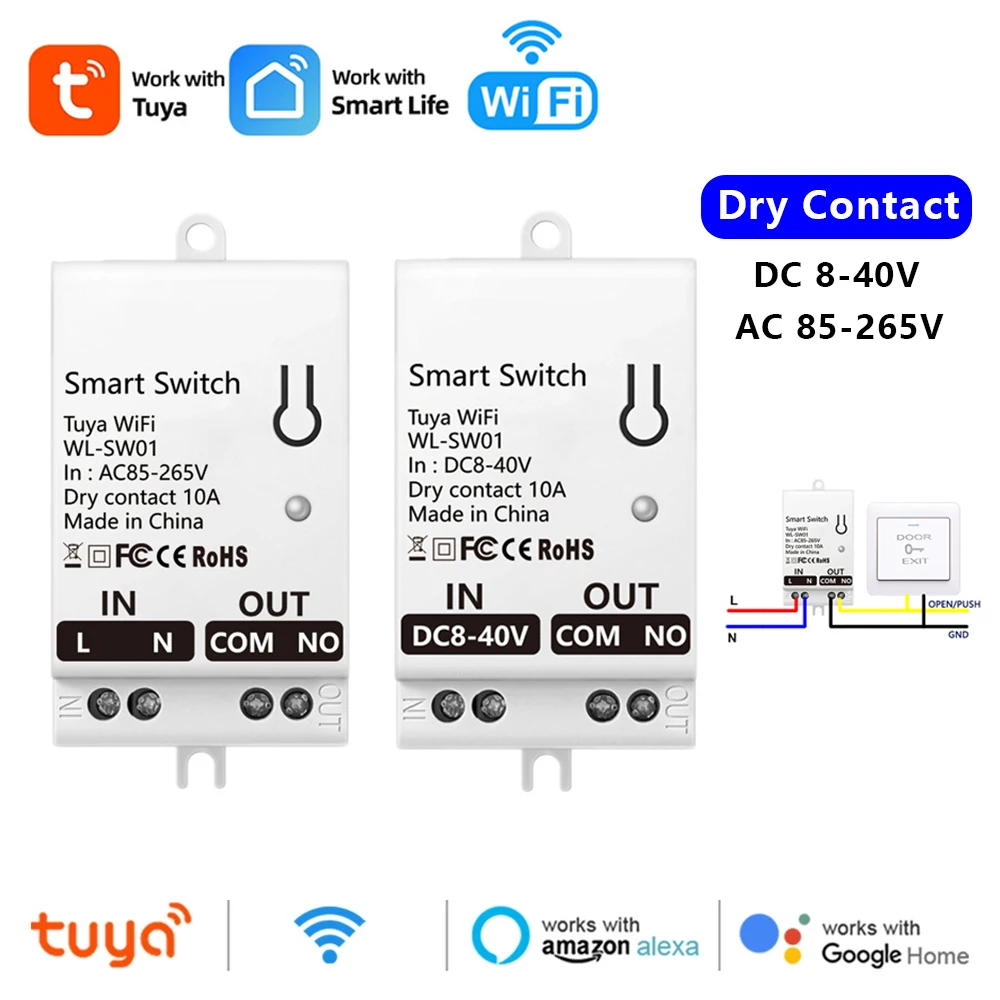 Tuya Smart WiFi Dry Contact Switch Module 10A Home Universal DIY Breaker Relay DC 8-40V AC 85-265V Works with Alexa Google Home