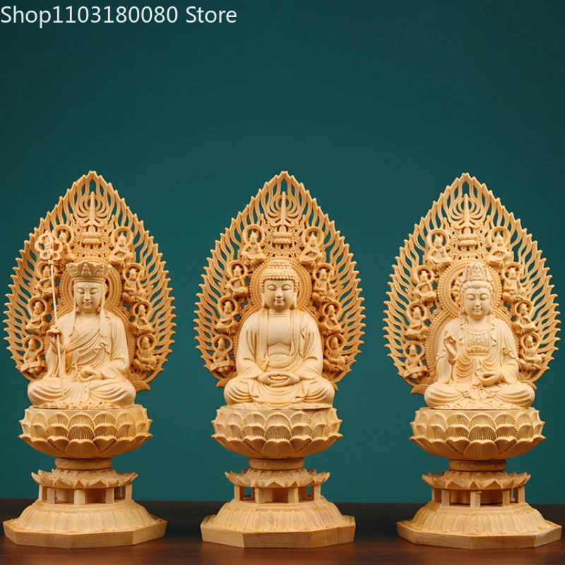 28cm cypress wood carving Sakyamuni Sit Lotus wooden Buddha statue Saha three sages Ksitigarbha Guanyin goddess statue