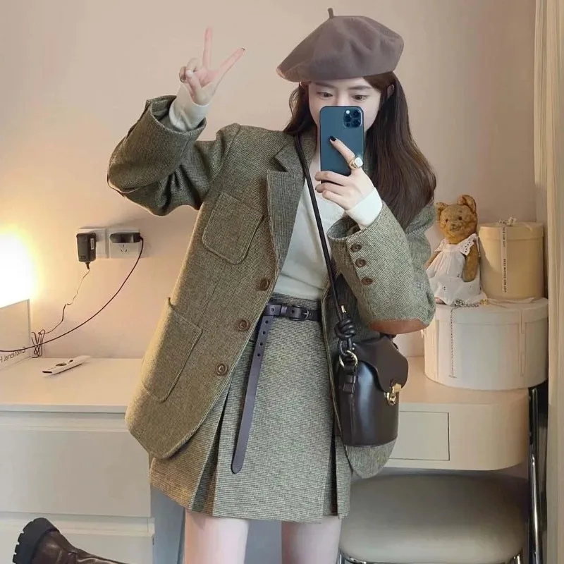 

UNXX Fall/Winter British College Style Tweed Blazer Mini Skirt Set Vintage Casual Woolen Blazers Suit Skirt Two-piece Sets Women