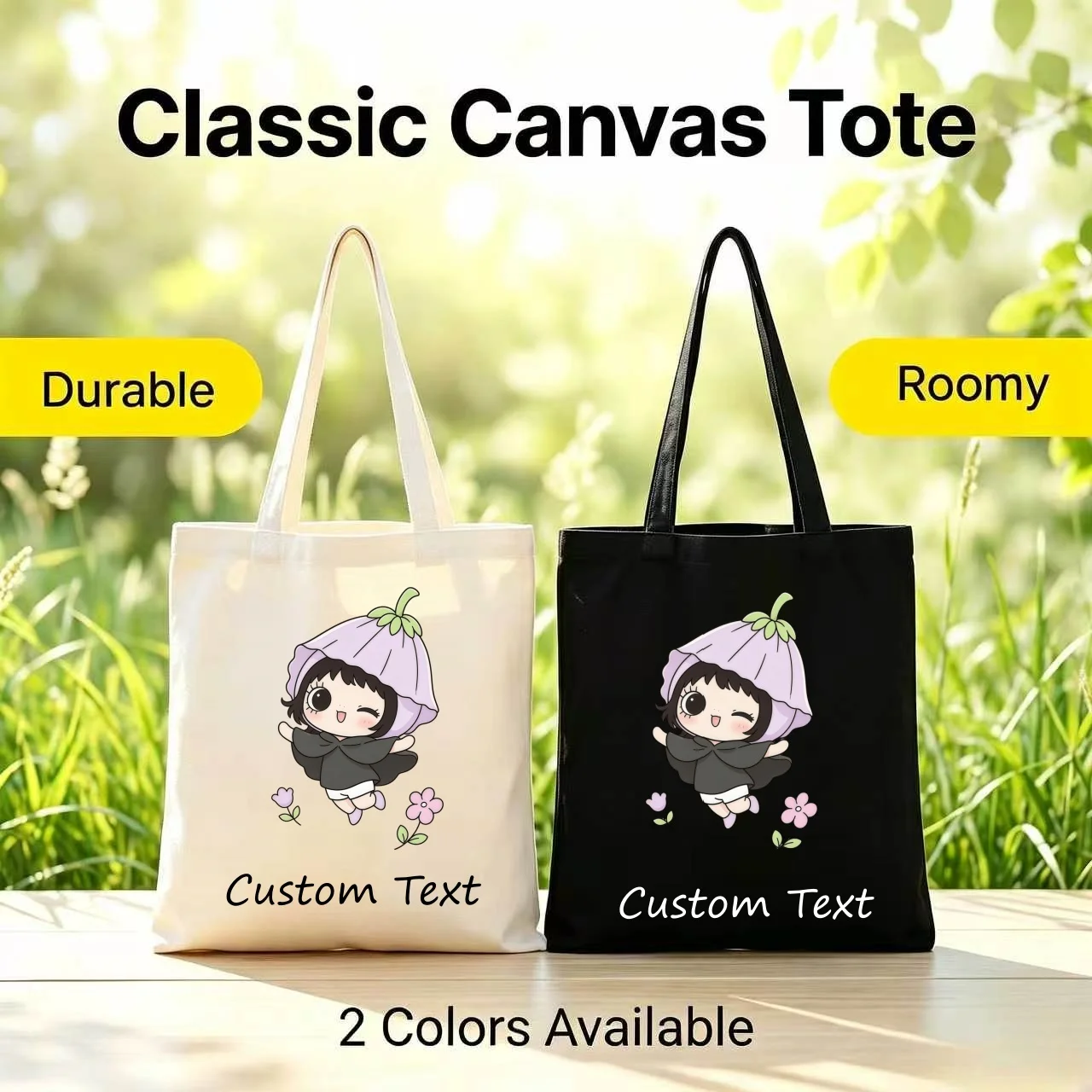 Custom Text Purple Bell‑flower Girl Print Canvas Tote Bag Personalized Name Shoulder Bag Reusable Eco‑friendly Shopping Handbag