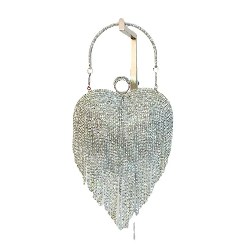 Heart Shape Rhinestone Tassel Evening Bag Women Luxury Party Clutches Handbag Elegant Glitter Banquet Wedding Chain Shoulder Bag