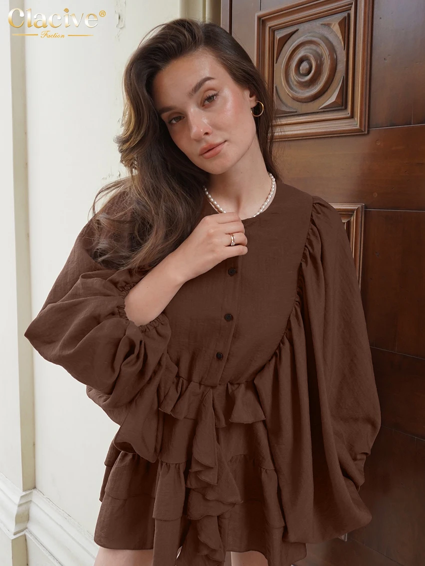 

Clacive Fashion Loose Brown Women's Dress 2025 Casual O-Neck Long Sleeve Mini Dresses Elegant Classic Ruffle Solid Female Dress