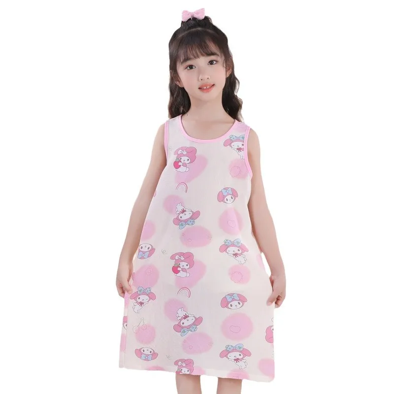 Sanrio Girls Pajamas Skirt Summer New Cotton Sleeveless Pajamas Cute Set Home Clothes Cartoon Kuromi My Melody Clothing Gift