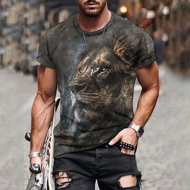 تي شيرت رجالي مطبوع عليه أسد الحيوان بأكمام قصيرة ورقبة دائرية بلوفر ملابس الشارع الشهير قميص رياضي فضفاض تي شيرت رجالي ملابس #5