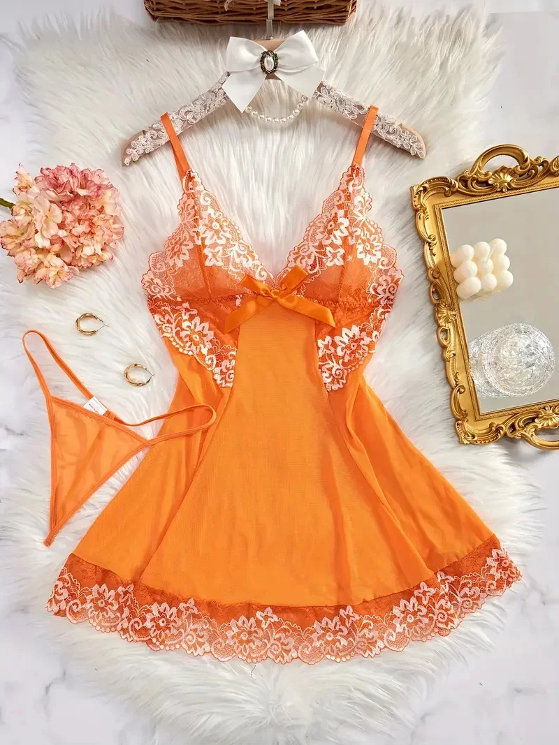 

Women's Sexy Lace Nightdress Chemise, Bow Nightgown Sleepwear Mini Dress V Neck Full Slip Babydoll Lingerie Sleepwear & Dresses