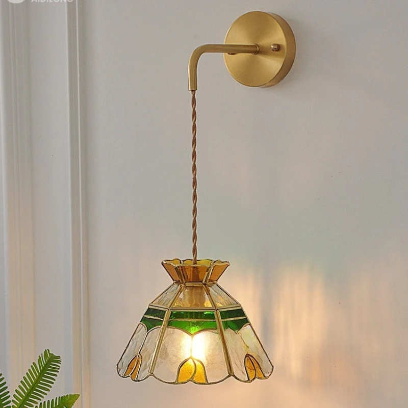 

American retro colored French tulip Tiffany glass porch B & B wall lamp Japanese simple bedside