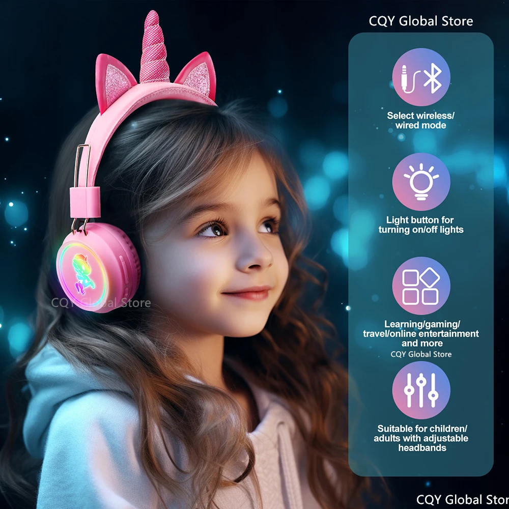 Écouteurs sans fil licorne RGB pour enfants, casque avec micro, musique stéréo, commande licorne, mignon, lumière RGB, cadeau pour filles