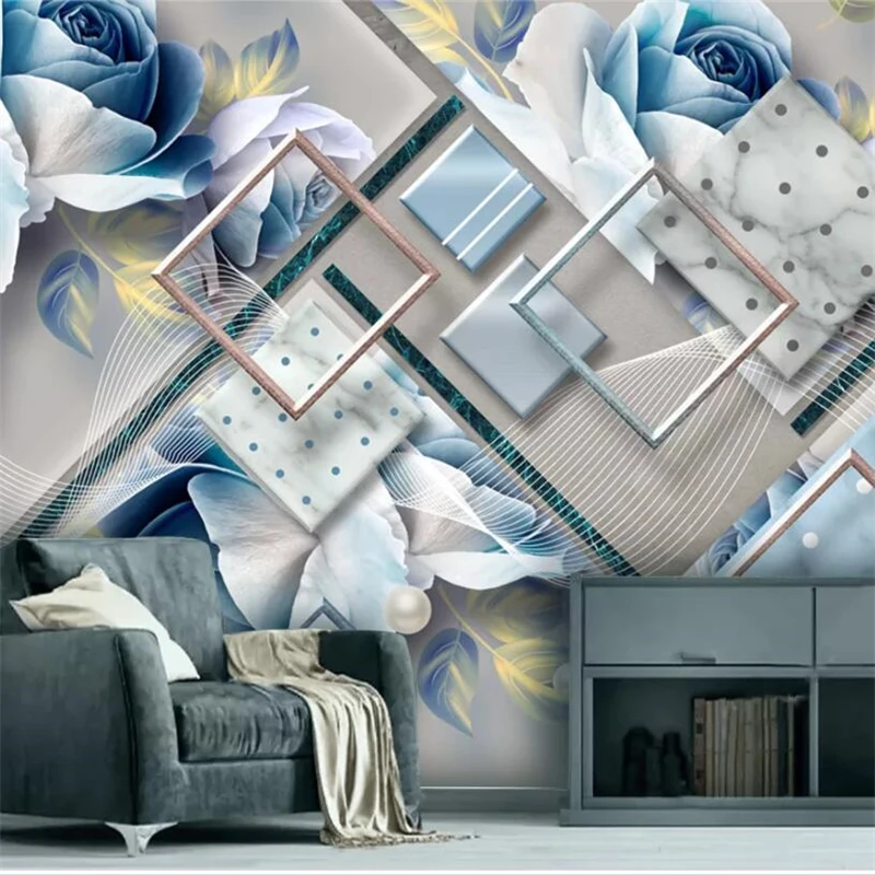 Customized product mural fashion home modern geometric marble European rose vintage wallpaper living room TV backdrop 8d bedroom