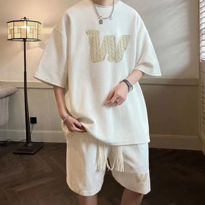 Men Summer Waffle Texture Short Sleeve T Shirt Shorts Two Piece Set Teen Cool Fashionable Sportswear Hong Kong Style view 4
