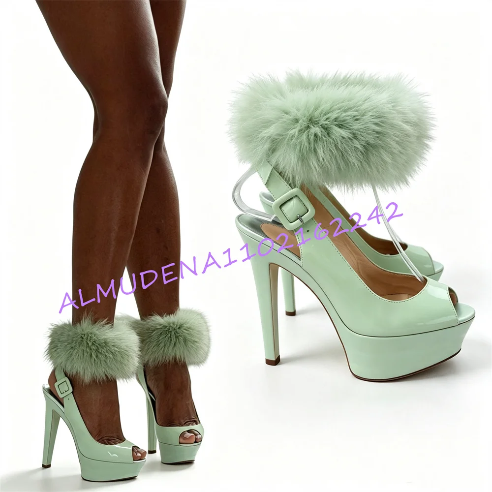 Women Mint Green Platform Sandals Open Toe Stiletto Heel Ankle Strap Heels Faux Fur Detail Patent Shoes Party  Fashion Statement