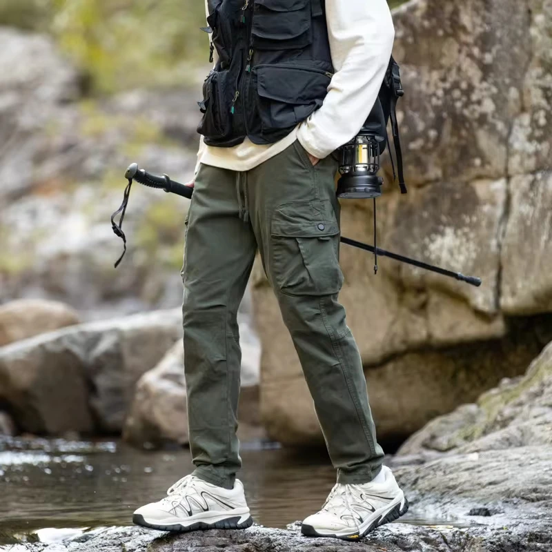 

New Fashion American Style Men's Solid Color Casual Trendy Loose Multi Pocket Straight Elastic Jogger Trousers Male Cargo Pants