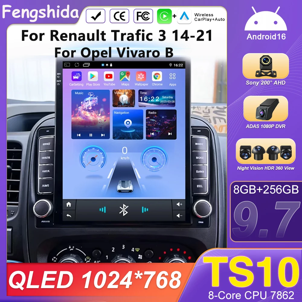 

For Renault Trafic 3 14-21 For Opel Vivaro B 9.7" Vertical Style Tesla Screen Android Car Radio GPS Navigation Multimedia Player