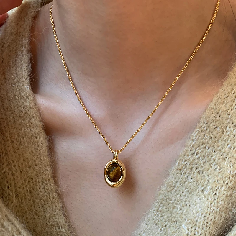 Gold Color Chain Natural Tiger Eye Stone Pendant Necklace Light Luxury Set Jewelry Women's Temperament Autumn Winter Accessories