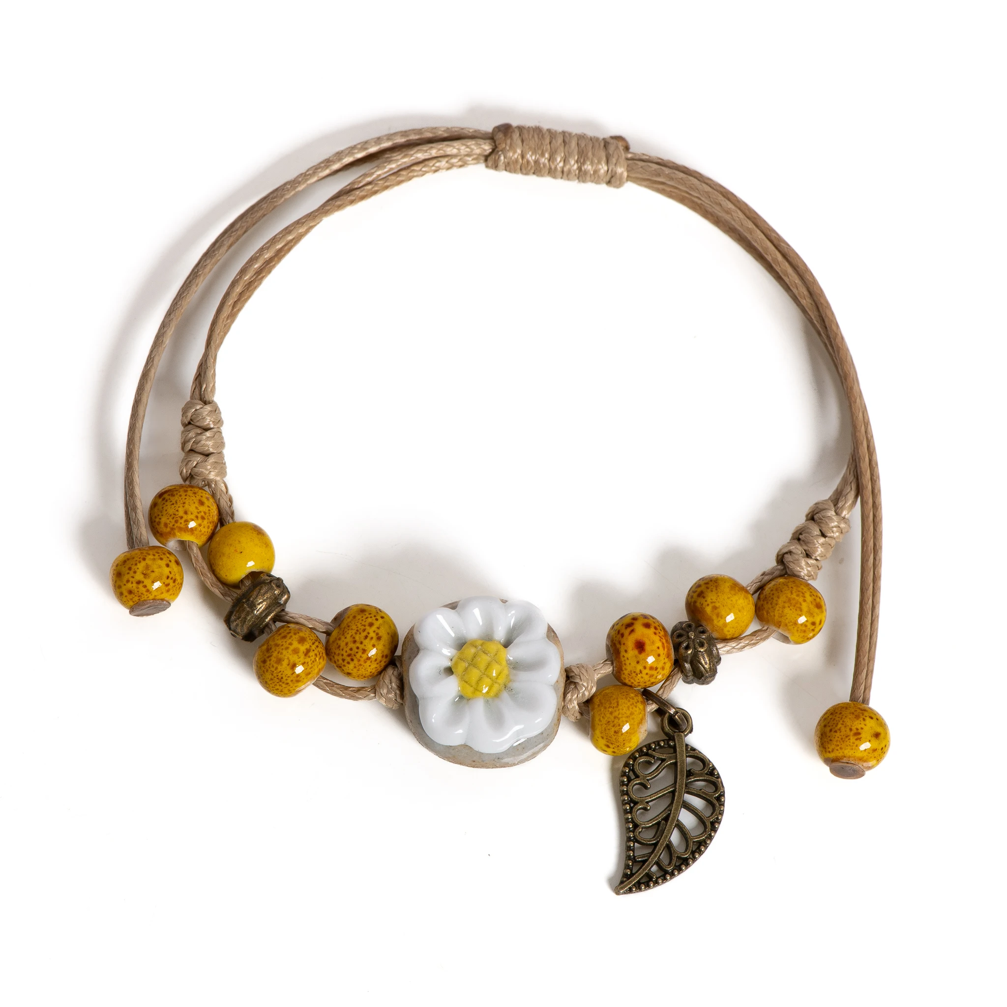 Handmade Sunflower Leaf Ceramic Bracelet Boho Adjustable Jewelry for Women Vintage Ethnic Gift S02-016