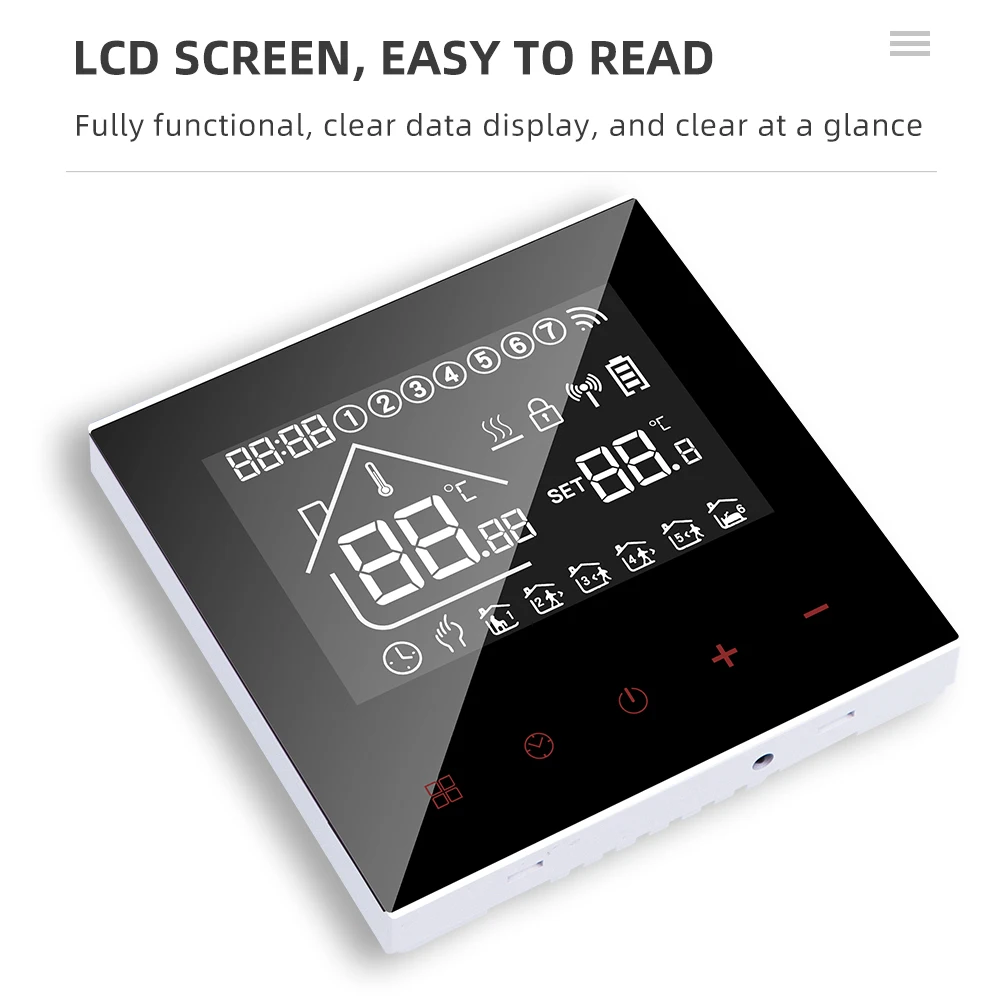 تحكم ذكي في درجة الحرارة ترموستاتي واي فاي ، برمجة أسبوعية ، دعم شاشة LCD ، أرضية تعمل باللمس ، التدفئة الكهربائية