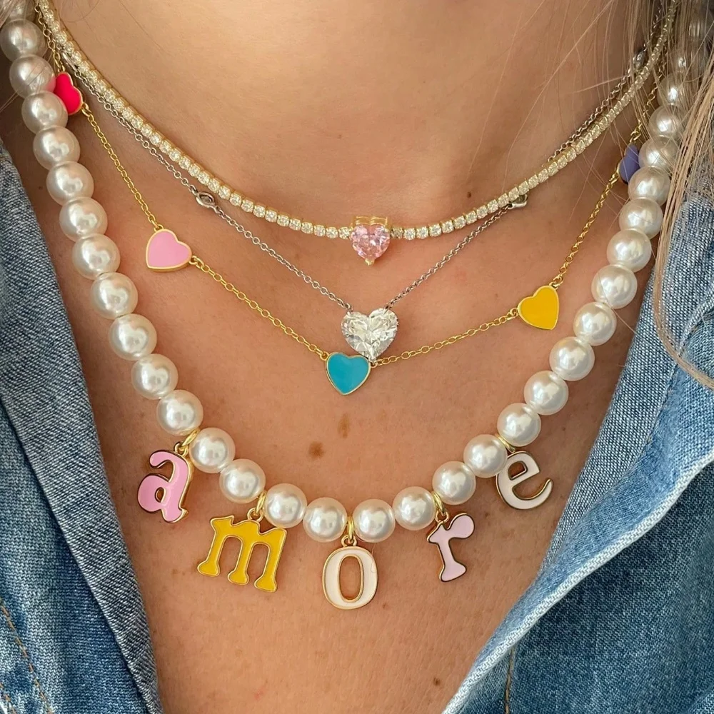 

Customized Candy Color Letter Name Necklace For Women Personalised Enamel Letter Faux Pearl Necklace Summer Beach Jewelry Gift