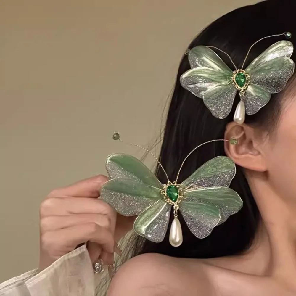 Smart 1 Pair Butterfly Hairpin Glitter Pearl Pendant Broken Hair Bangs Clip Rhinestones Green Hairpin Accessories Gifts