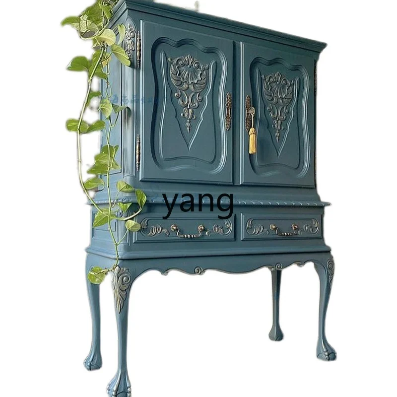 

LMM American Carved Solid Wood Vintage Blue Double Door Small Apartment Living Room Decorative Cabinet