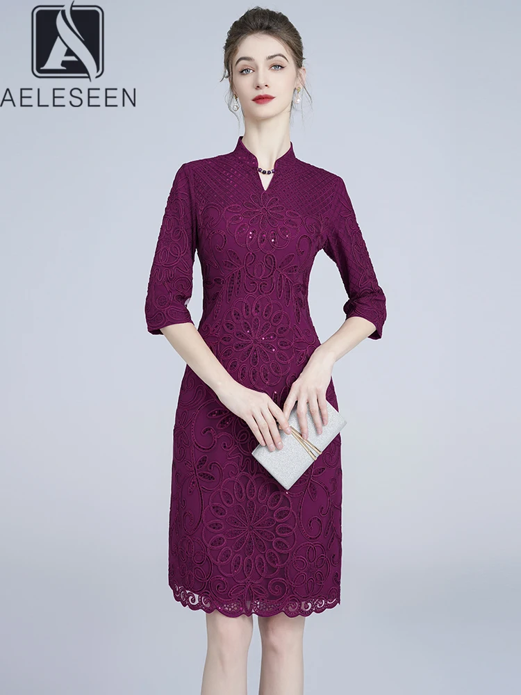 

AELESEEN Vintage Summer Mini Dress Women Design Fashion Half Sleeve Purple Flower Embroidery Sequined Elegant Holiday Vacation