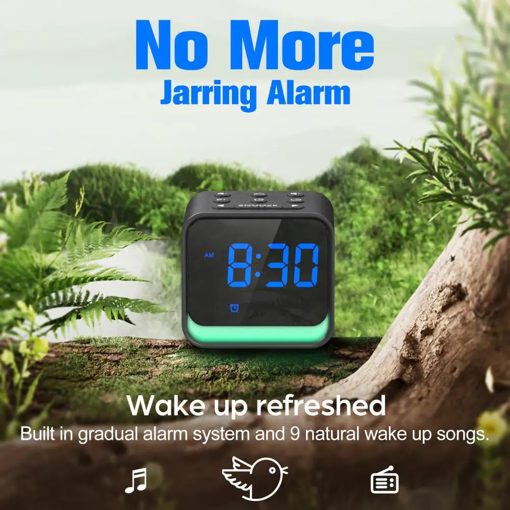 FM Radio LED Alarm Clock, Bluetooth Speaker, Gentle Wake-up, Dimming Display, 7 Colors, Night Light, Desk Clock, Home Clock