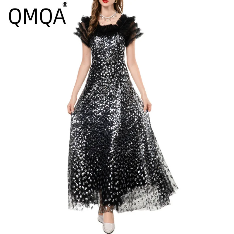 QMQA Mode Damen Elegantes Kleid Pailletten Off-Shoulder Kurzarm Glänzend Schwarz Lange Kleider Sommer Neue 2025, Kleidung QM664