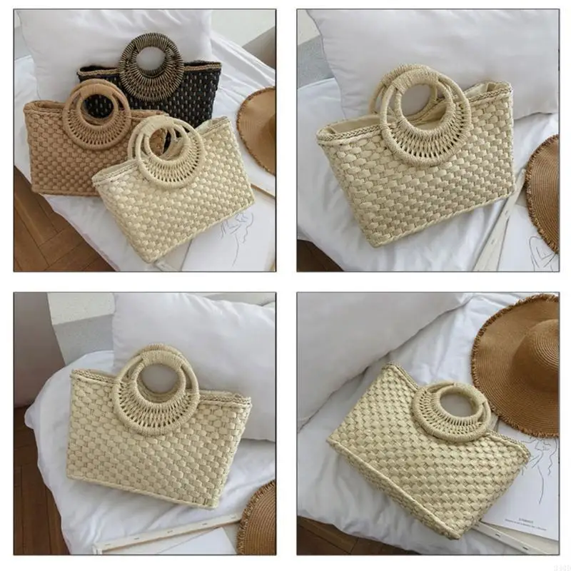 

340D Bohemian Women Summer Beach Woven Straw Handbag with Round Top Handle Travel Vacation Weave Zipper Large Tote Bag Basket