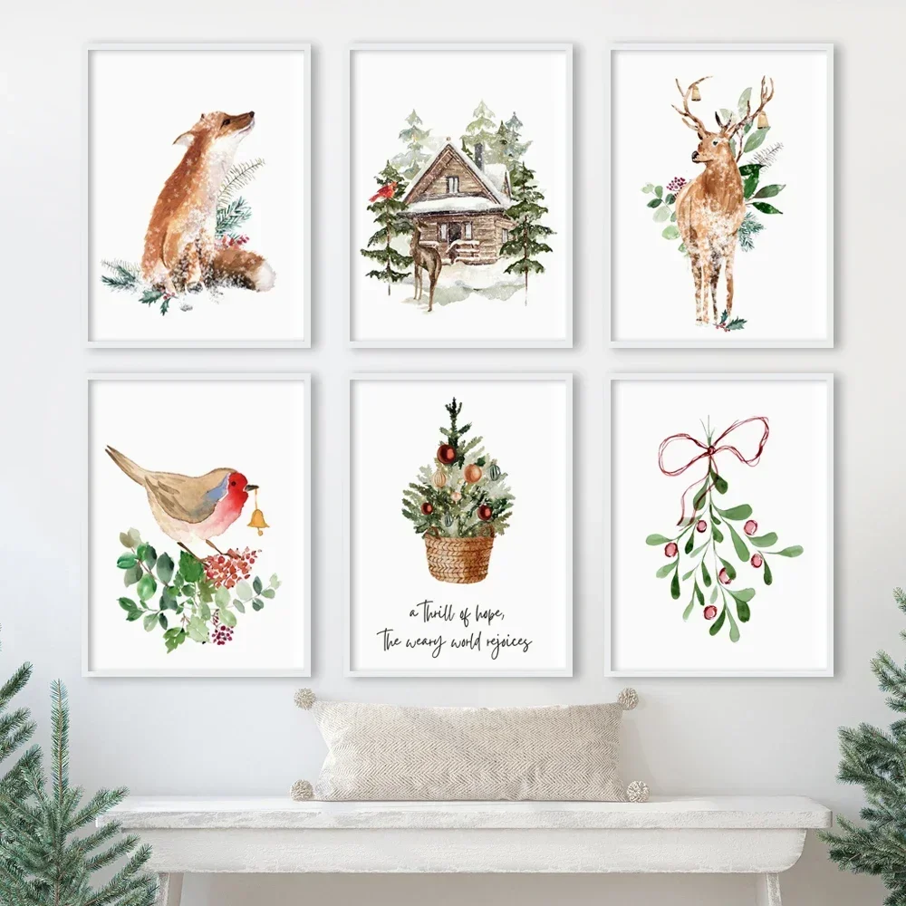 Merry Christmas Pine Tree Sleigh Nutcracker Snow House Fox Deer Bird Posters Of Wall Art Canvas Prints Wall Pictures Home Decor