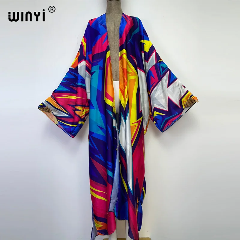 WINYI bright Geometric printing sweet lady beach Cardigan Cover-up stitch Cocktail Boho Maxi Holiday party long Sleeve kimono