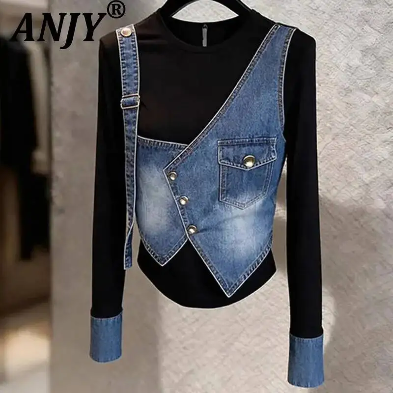 

ANJY Spring Autumn New Women American Style Distressed Washed Denim Patchwork Short Jacket Niche Design Fashion Slim Tops A23419
