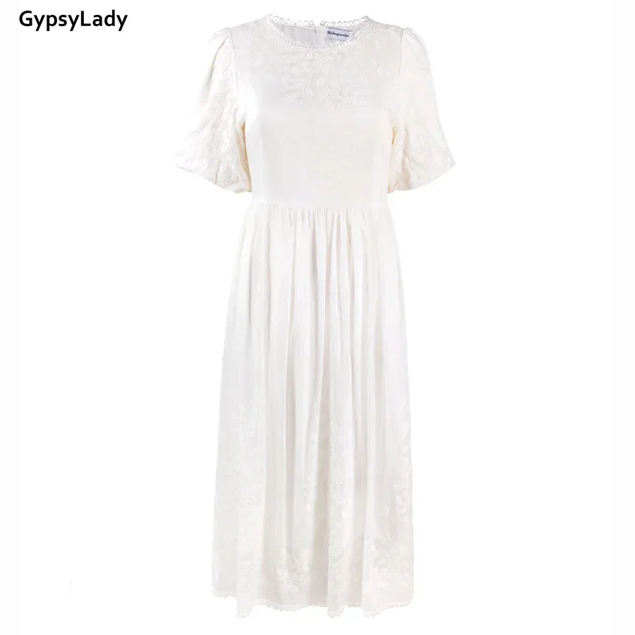 Imagem -06 - Gypsylady Seda Floral Bordado Midi Vestido Branco Verão Elegante Vestidos de Fadas o Pescoço Manga Curta Sopro Senhoras Vestido Feminino