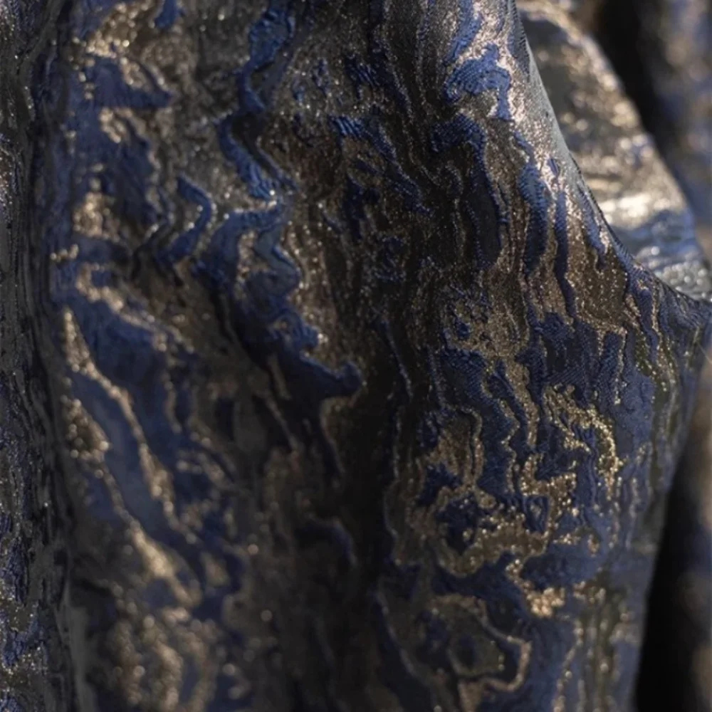 

Jacquard Fabric Wave Patterned Blue Black Gold Creative Hanfu Jacket Clothing Designer Apparel Sewing Fabric for By The Meter